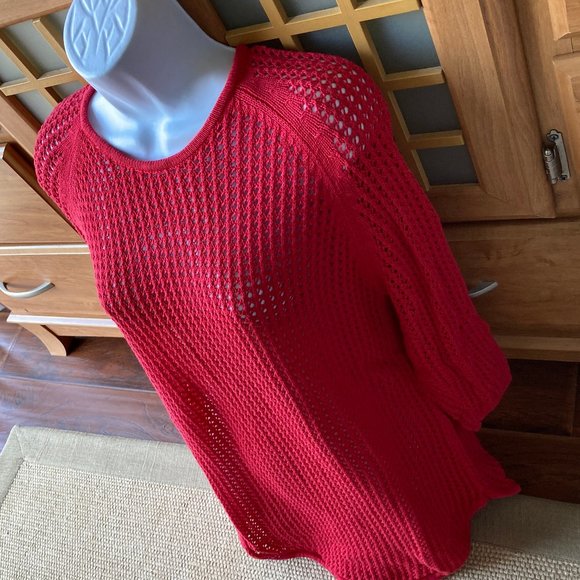 Jeanne Pierre Tomato Red Open Weave 3/4 Sleeve Sweater X Large - Picture 3 of 5